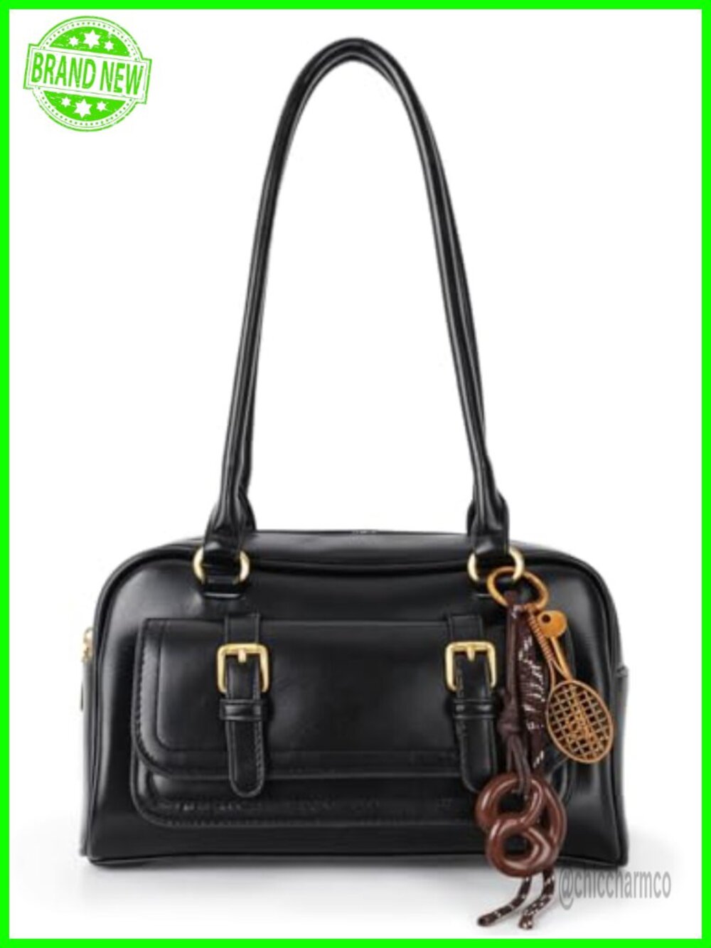 PU Leather Vintage Bowler Shoulder Bag Top Handle Y2K Purse with Pendant